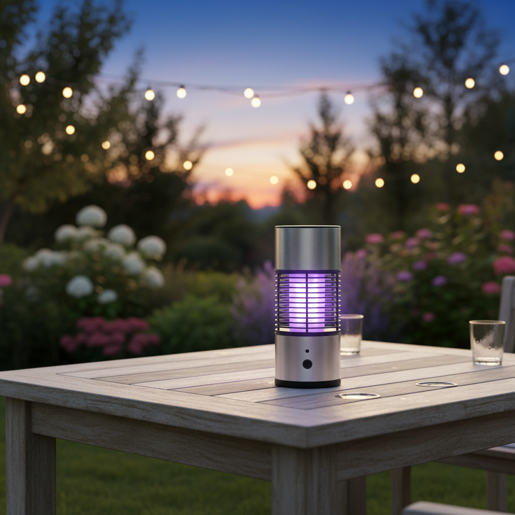 Electric UV mosquito killer lantern glowing purple on a wooden patio table at dusk