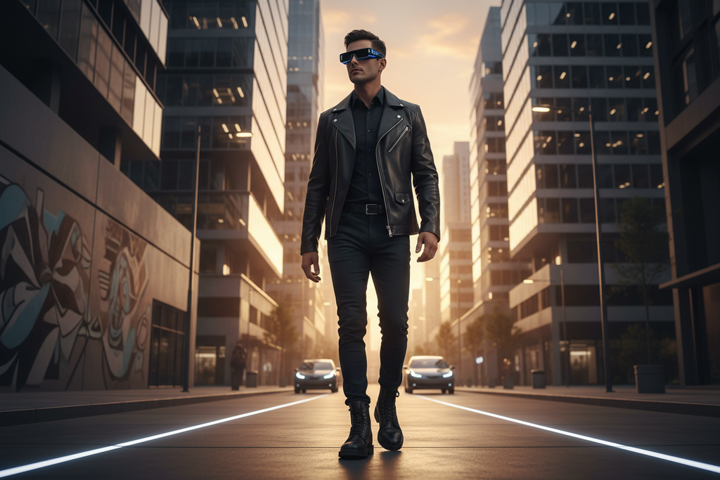 Person wearing sleek AI camera smart glasses walking in a modern urban street at golden hour